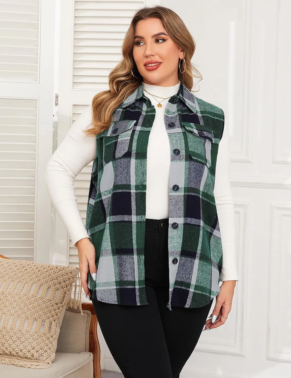 ZOMVA Plus Size 1X-5X Women's Flannel Plaid Long Vest Button Down Sleeveless Jacket Shacket Coat Casual Fall Fashion Outfits