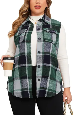 ZOMVA Plus Size 1X-5X Women's Flannel Plaid Long Vest Button Down Sleeveless Jacket Shacket Coat Casual Fall Fashion Outfits