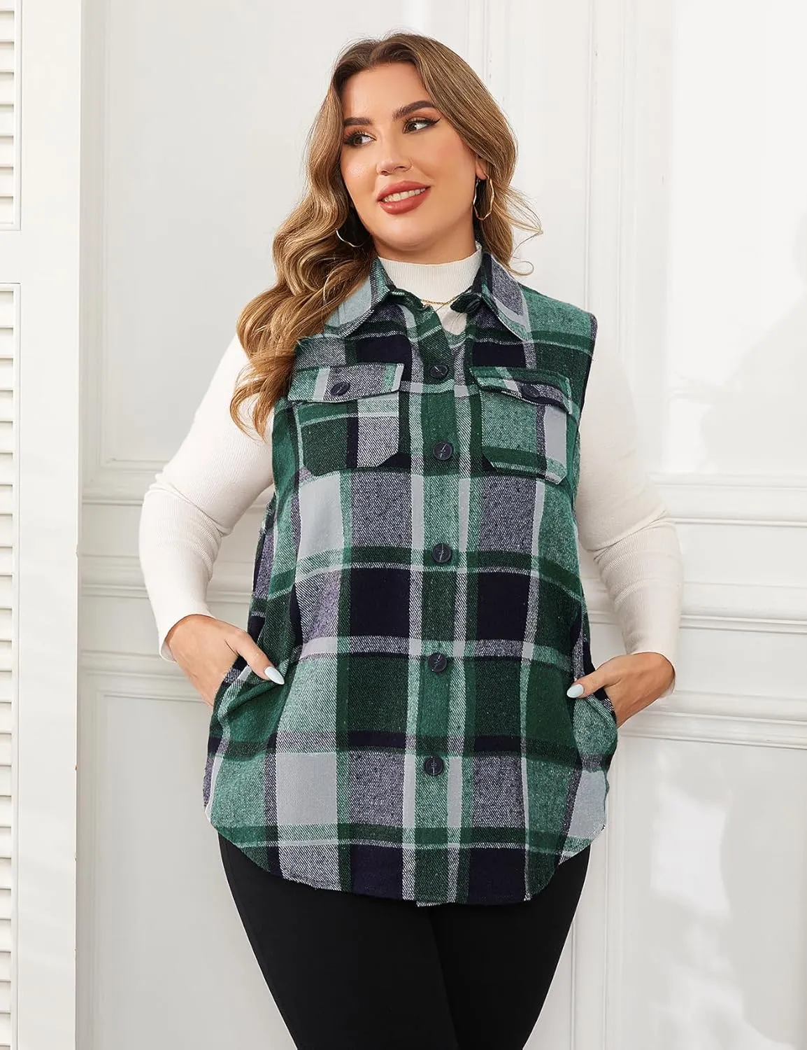 ZOMVA Plus Size 1X-5X Women's Flannel Plaid Long Vest Button Down Sleeveless Jacket Shacket Coat Casual Fall Fashion Outfits