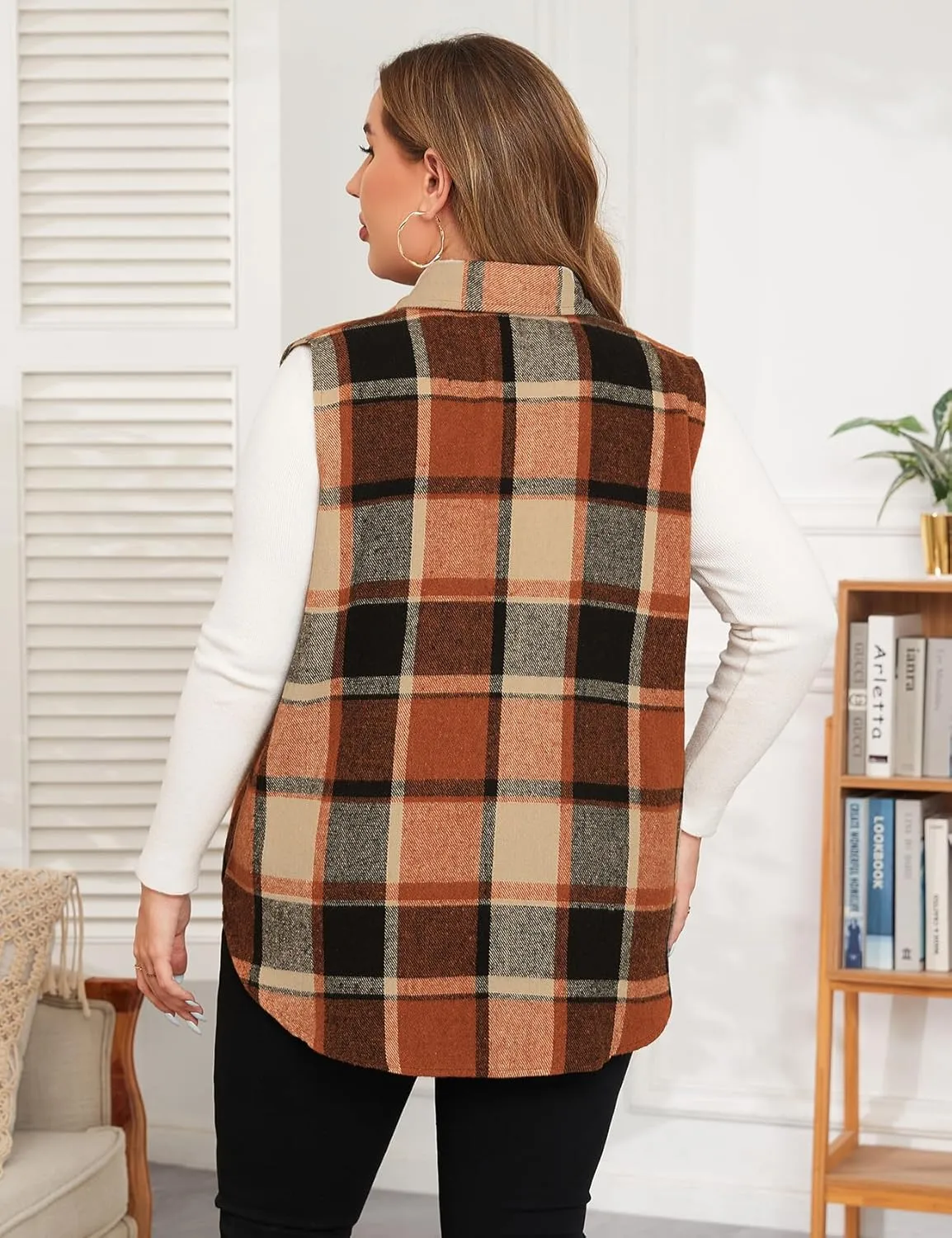 ZOMVA Plus Size 1X-5X Women's Flannel Plaid Long Vest Button Down Sleeveless Jacket Shacket Coat Casual Fall Fashion Outfits