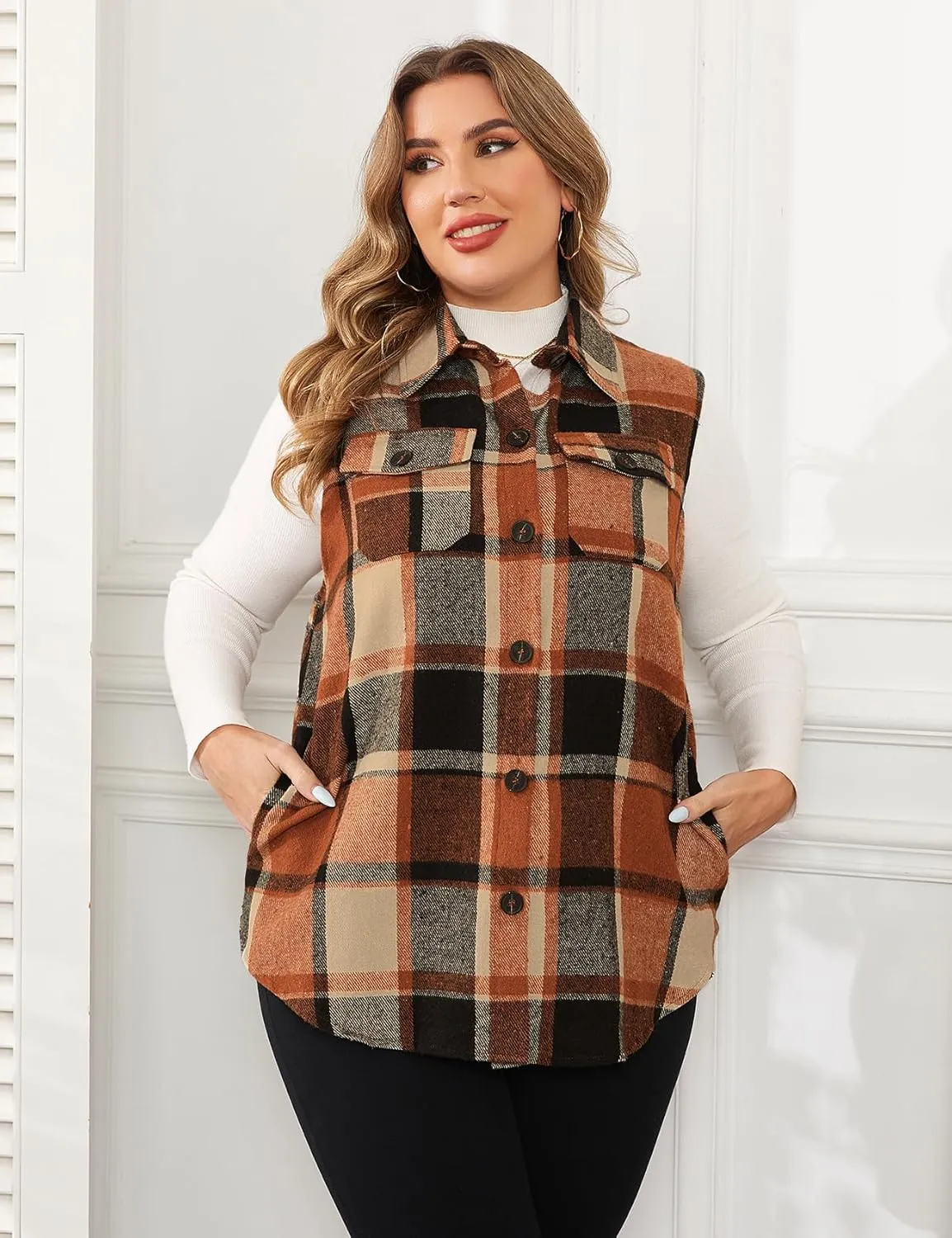 ZOMVA Plus Size 1X-5X Women's Flannel Plaid Long Vest Button Down Sleeveless Jacket Shacket Coat Casual Fall Fashion Outfits