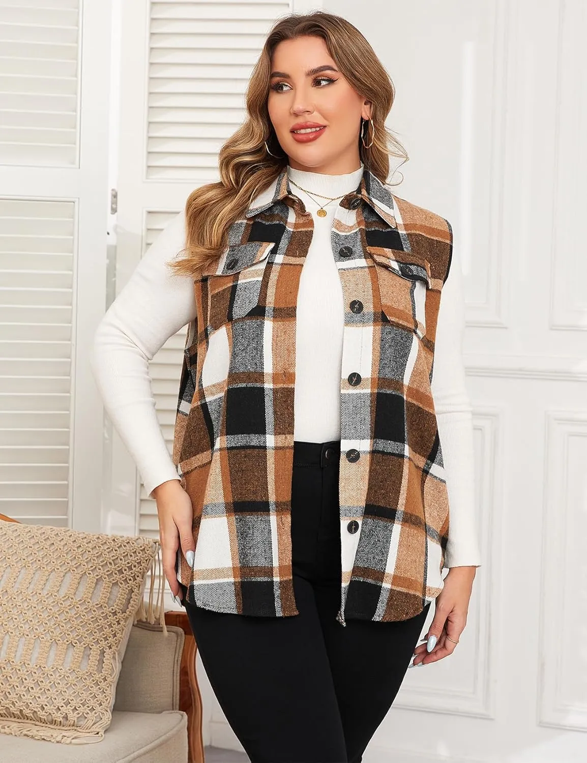 ZOMVA Plus Size 1X-5X Women's Flannel Plaid Long Vest Button Down Sleeveless Jacket Shacket Coat Casual Fall Fashion Outfits