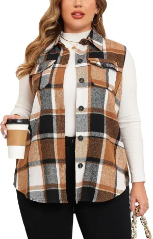 ZOMVA Plus Size 1X-5X Women's Flannel Plaid Long Vest Button Down Sleeveless Jacket Shacket Coat Casual Fall Fashion Outfits