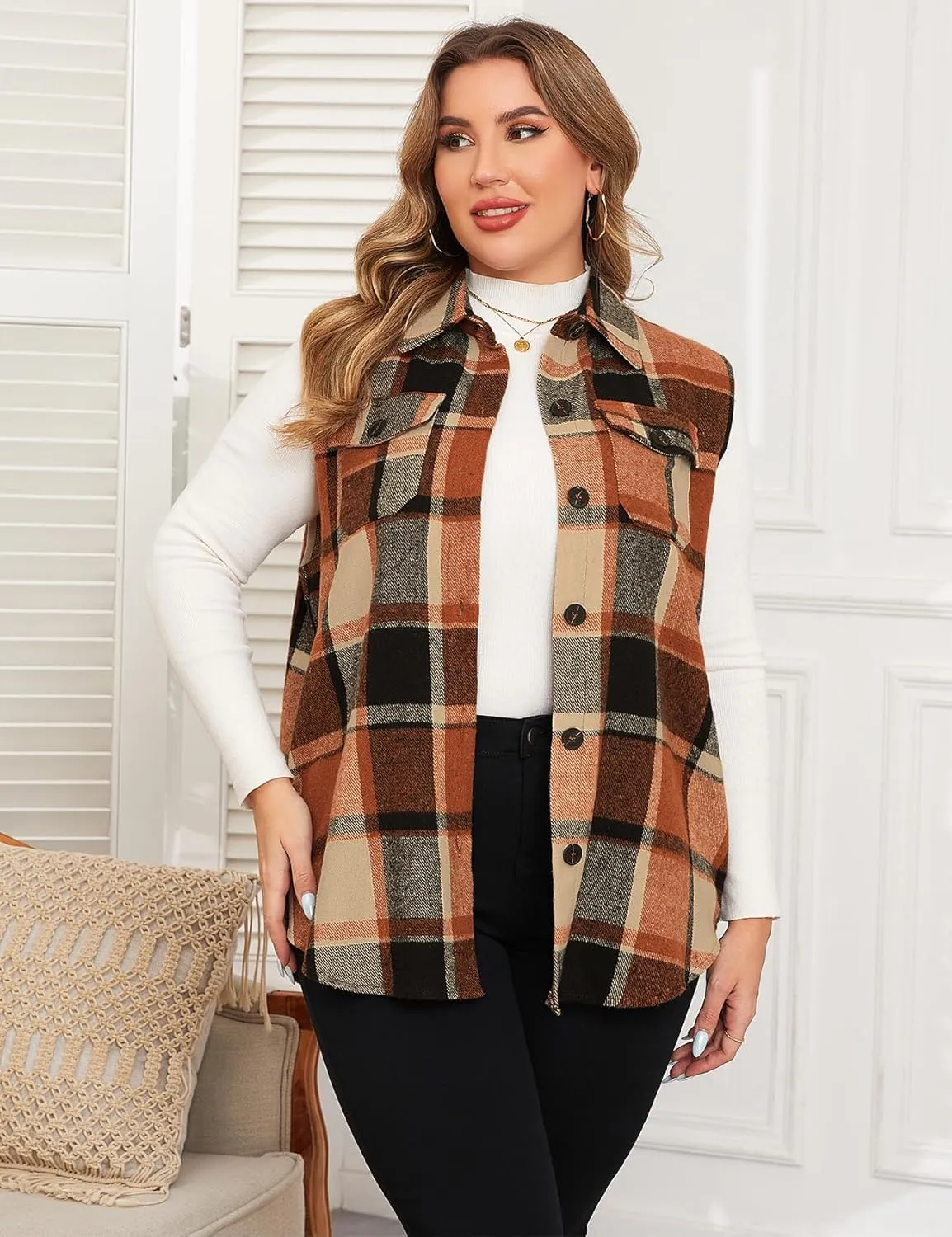 ZOMVA Plus Size 1X-5X Women's Flannel Plaid Long Vest Button Down Sleeveless Jacket Shacket Coat Casual Fall Fashion Outfits